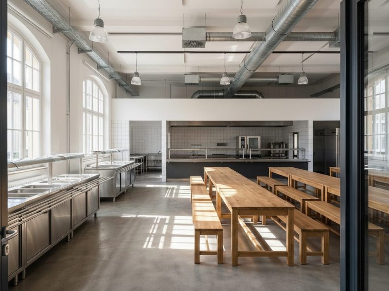 Успешная столовая с открытой кухней в бизнес-центре