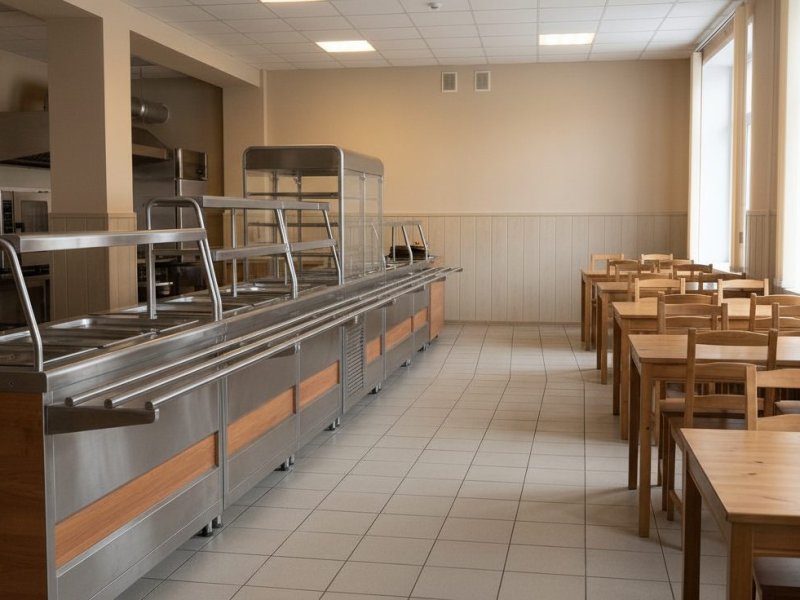 Успешная столовая с открытой кухней в бизнес-центре